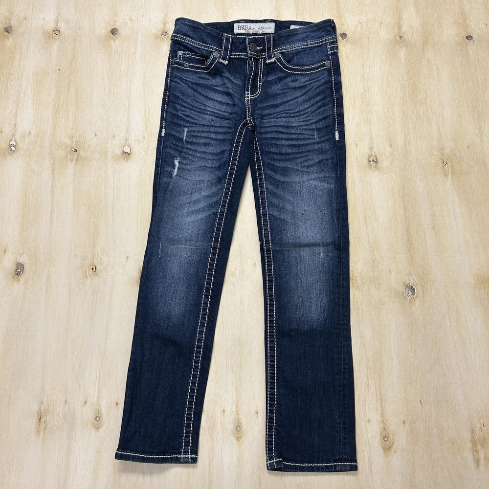 BKE Denim Addison Jeans Womens 25 Blue Dark Wash Low Rise Bootcut Distressed